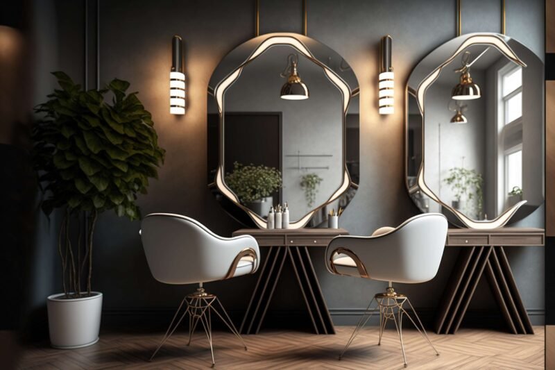 Elegant salon styling station with round mirrors